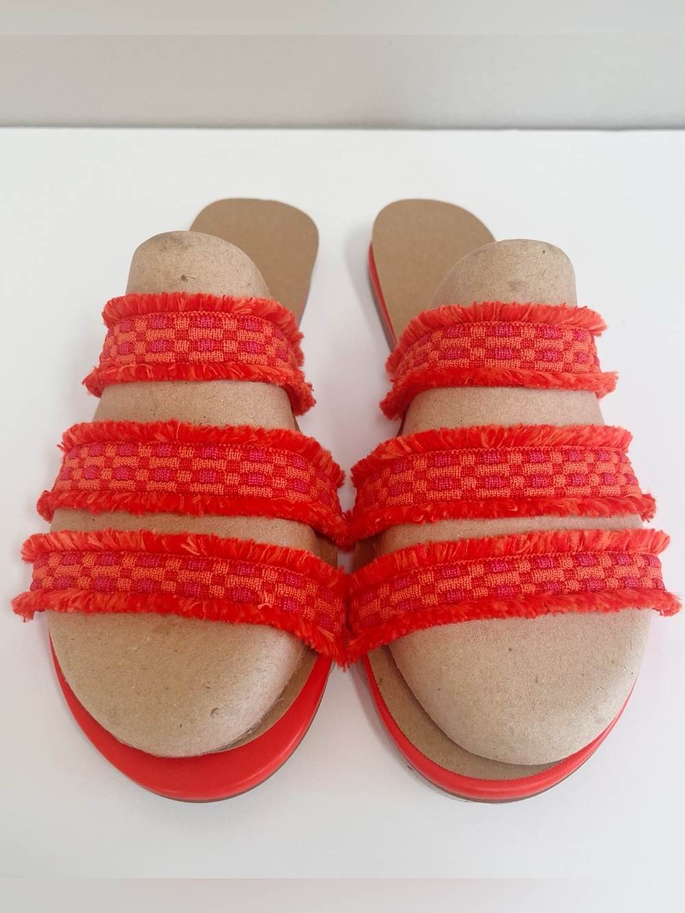 Rothy's NIB Bright Red Fringe Triple Strap Slip-On Sandal Size US 10 Boho